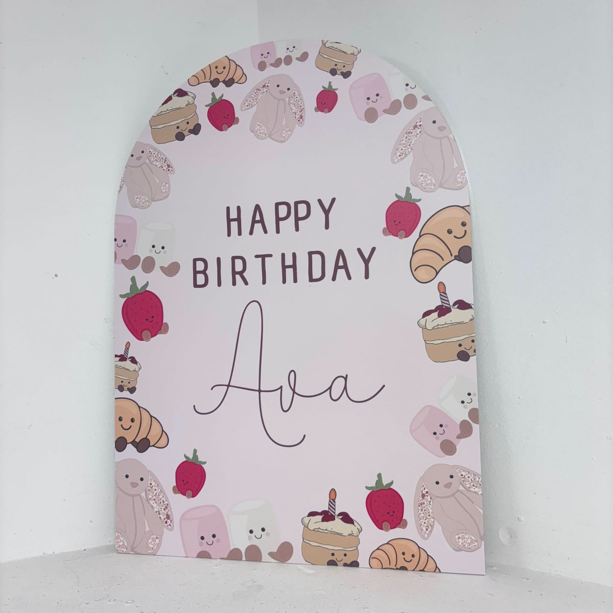 Close-up of Jelly Teddies personalised birthday welcome sign with customisable name and sweet treat illustrations on freestanding foamex board