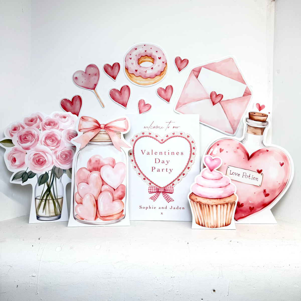 Little Sweetheart mini cutout bundle with Valentine's themed props including hearts, flowers, personalised sign and cupcake, ideal for sweetheart birthday or Valentine's party