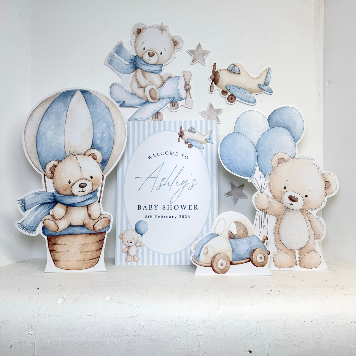 MINI Blue Bear Bundle – baby shower cutout props including teddy bear, hot air balloon bear, personalised sign, stars and balloons by Zebra Print Events
