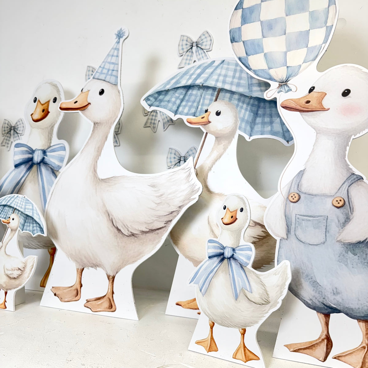 Vintage Blue Goose mini cutout bundle featuring three adorable goose character props with stands, perfect for children's party decorations