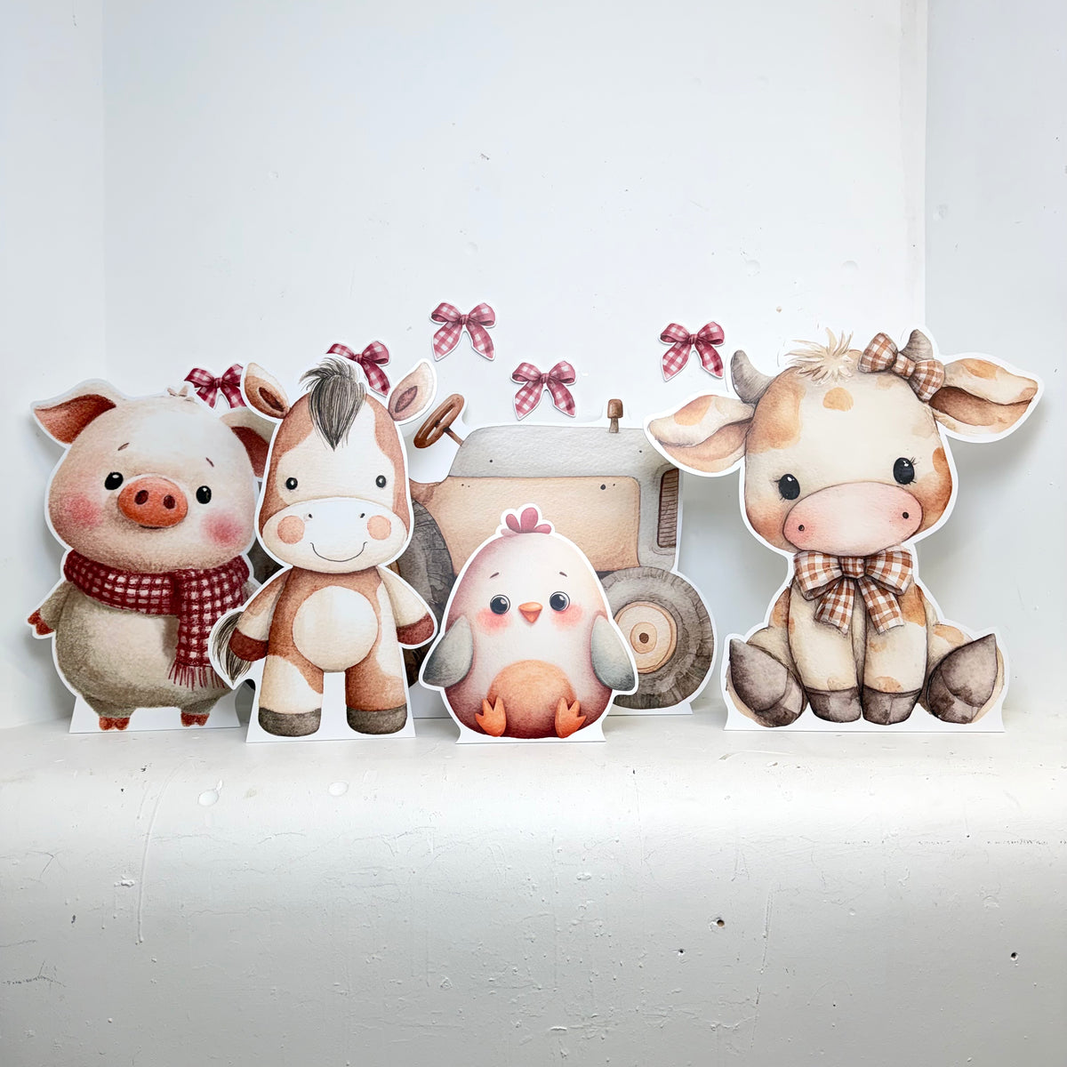 Vintage Farm mini cutout bundle featuring cute cartoon farm animal props including tractor, cow and horse with stands, perfect for farm themed party decorations
