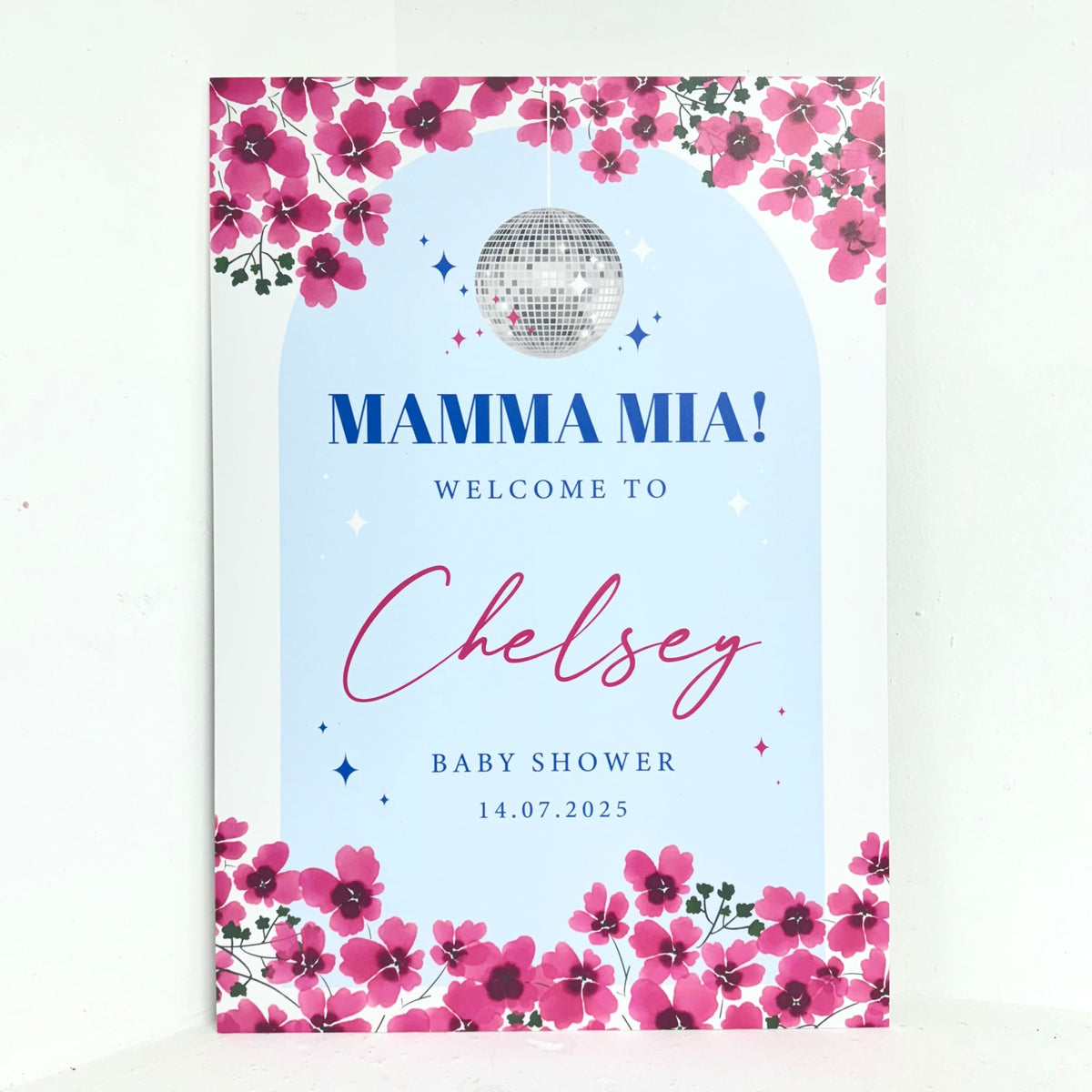 Greek Baby Shower personalised easel sign with Mamma Mia theme, disco ball, and pink flowers on waterproof foamex board by Zebra Print Events