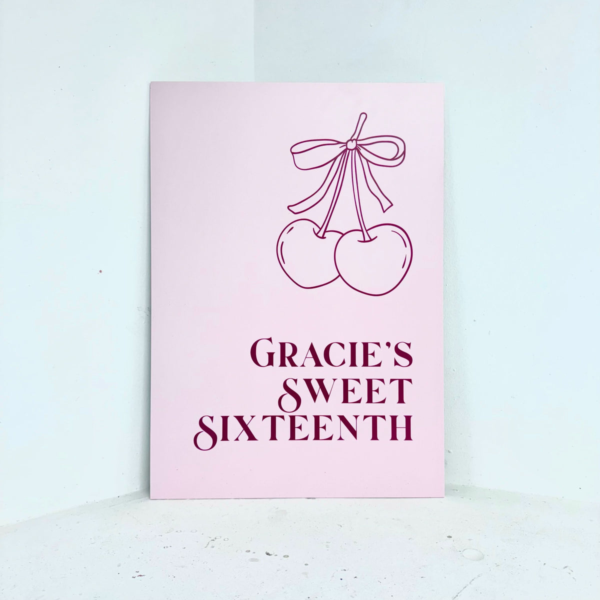 Sweet Sixteenth personalised birthday easel sign with cherry and bow design on pink waterproof foamex board by Zebra Print Events