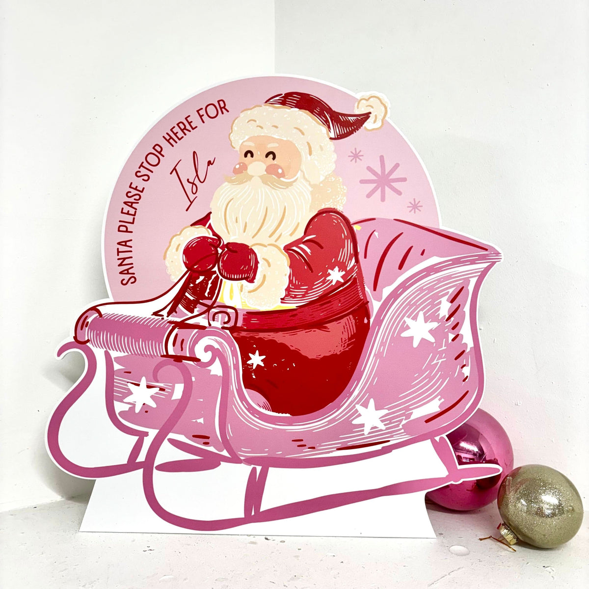 Personalised Santa Stop Here Sign - Bright Pink Sleigh Edition - Front View | Zebra Print