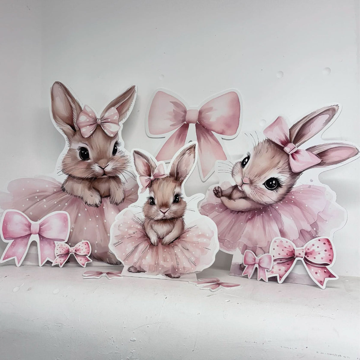 Mini Ballerina Bunnies Bundle featuring personalised waterproof foamex cutouts including three ballerina bunnies in pink tutus with bows and polka dot bow decorations