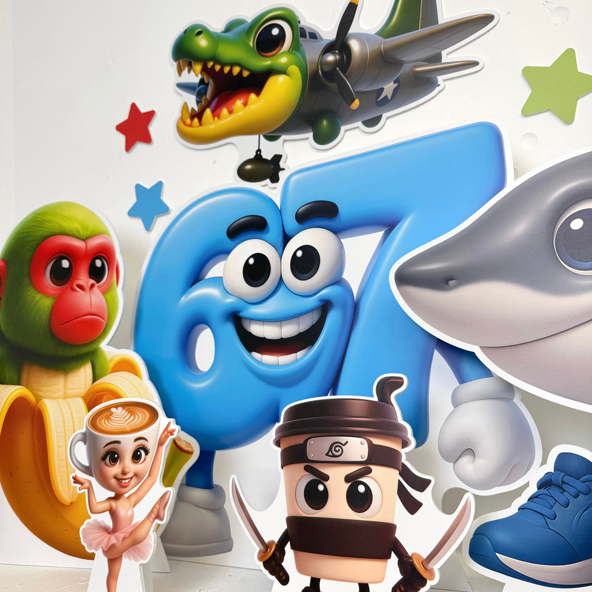 MINI Italian Characters Bundle – colourful cartoon character cutout props including shark, monkey, wooden guy, frog, cappuccino and ballerina by Zebra Print Events