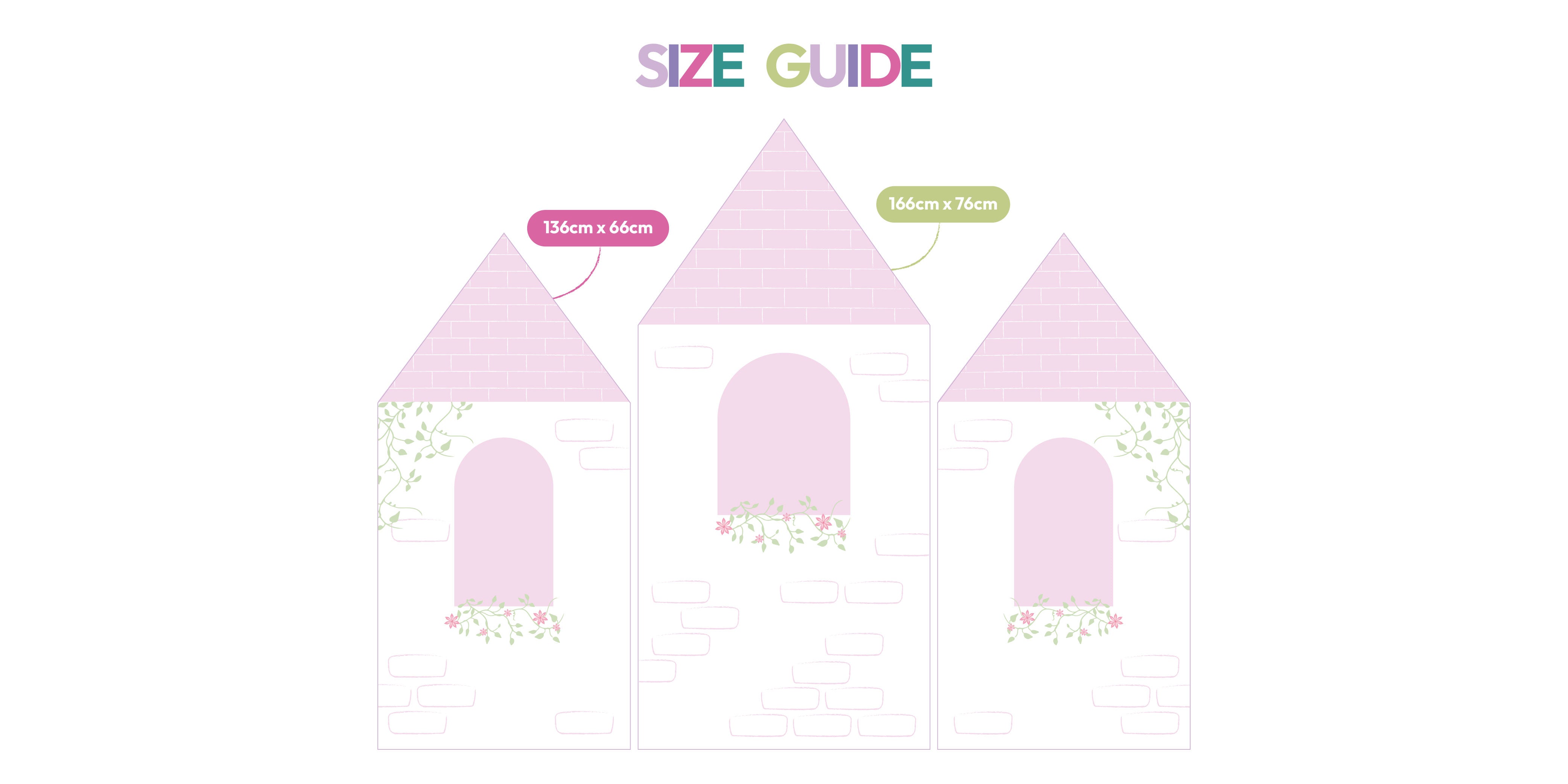 Floral Bloom Castle size guide showing all waterproof foamex castle pieces with dimensions including middle tower and two side towers princess party prop