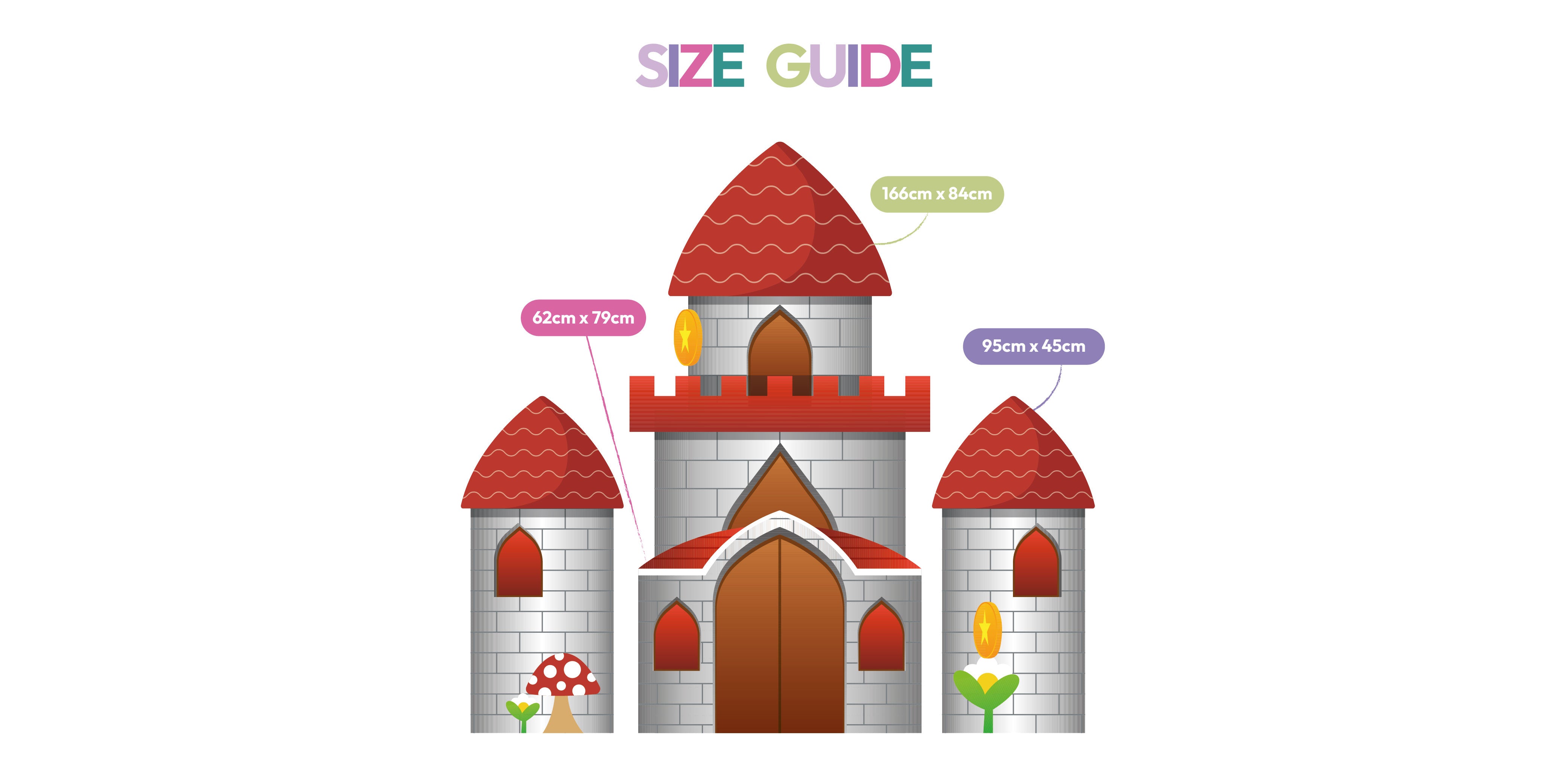 Gaming Castle size guide showing all waterproof foamex castle pieces with dimensions including middle tower, two side towers, and front tower gaming party prop
