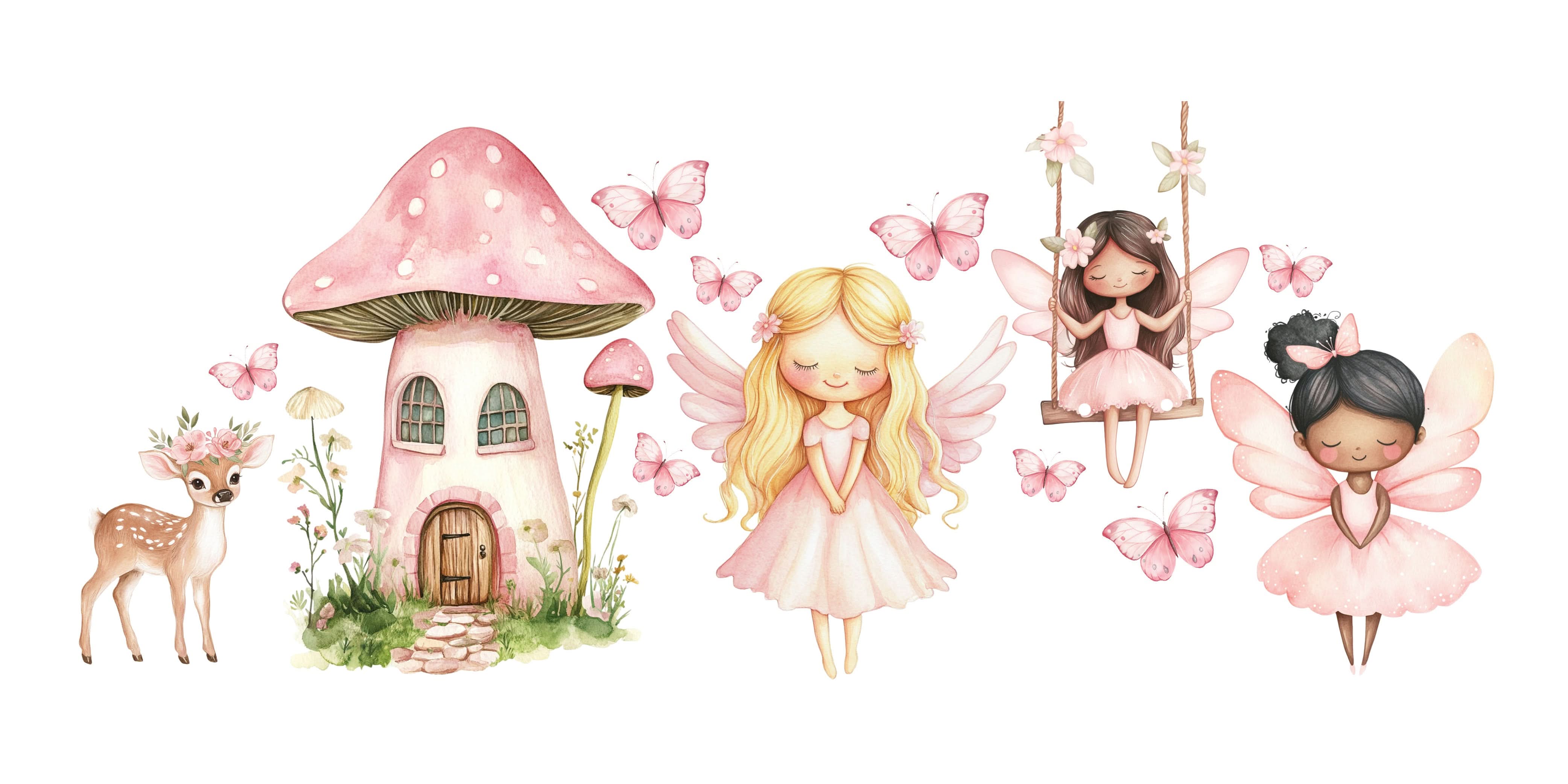 Illustration of Mini Pretty Pink Fairies Bundle contents showing mushroom house, blonde fairy, brown haired fairy, deer, and butterfly waterproof foamex cutouts