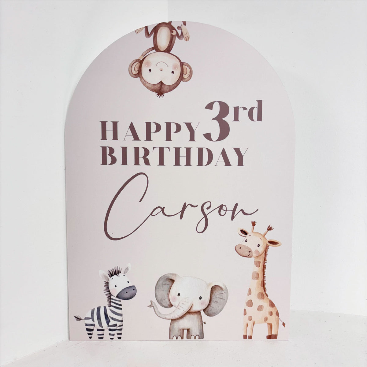 Safari themed personalised foamex party easel welcome sign with jungle animals by Zebra Print Events