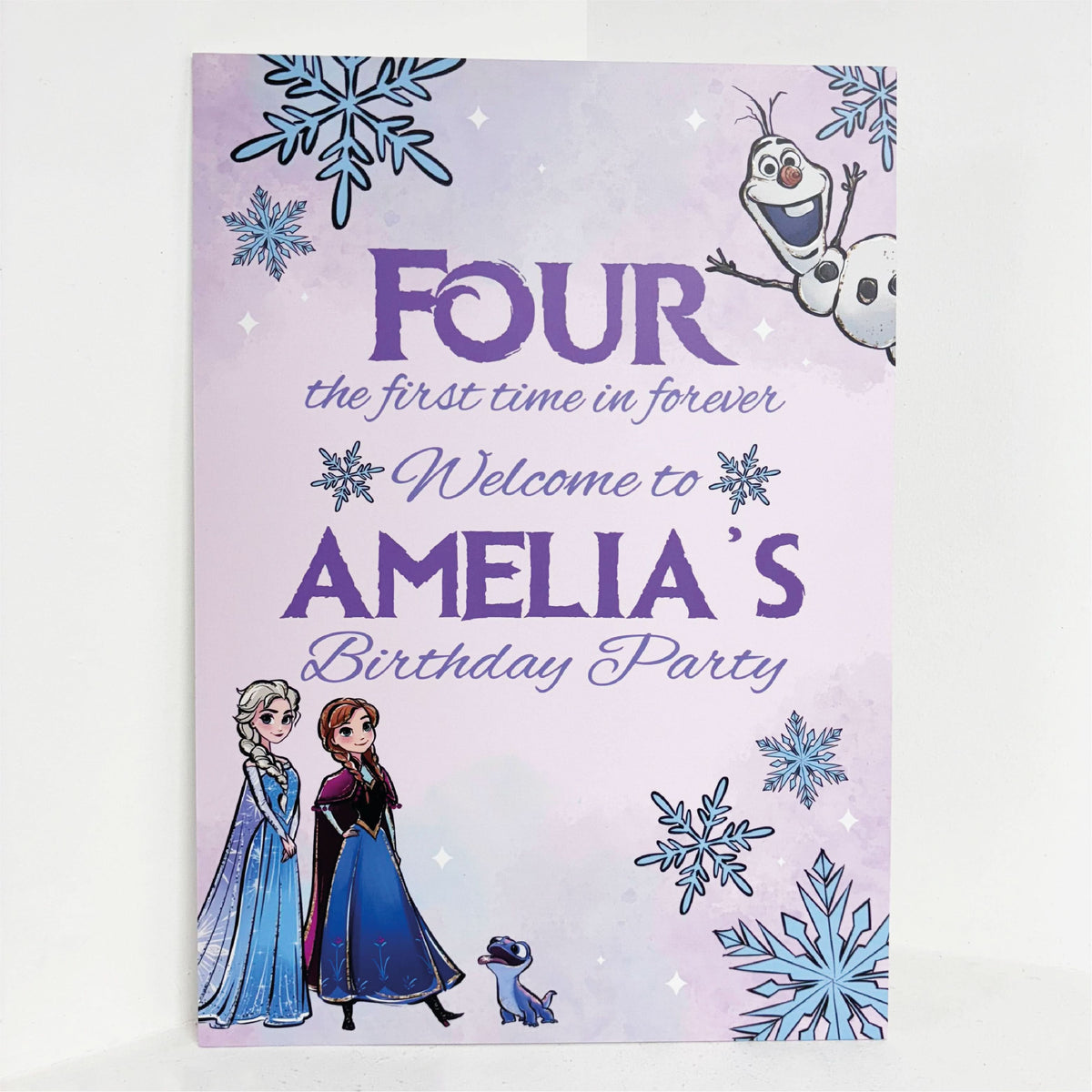 Ice Princess personalised birthday easel sign with ice princess characters, snowflakes and custom name on purple waterproof foamex board